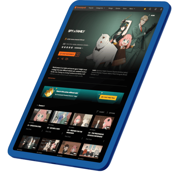 Crunchyroll series page developed by BizStream, shown on a tablet.