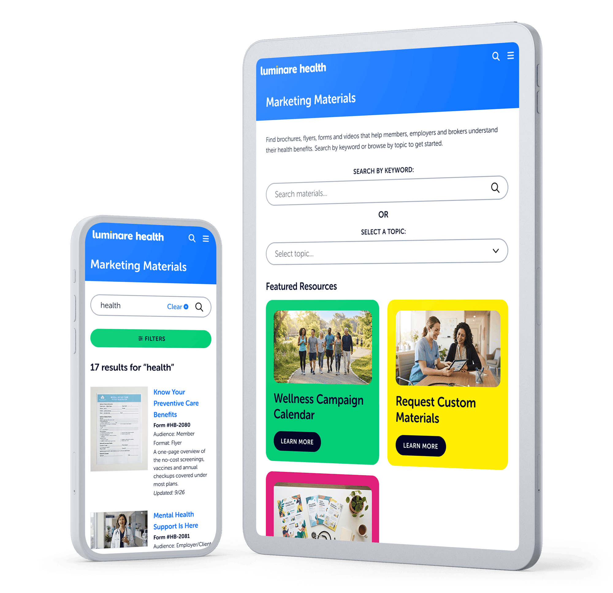 Luminare Health Materials Library on a phone and tablet