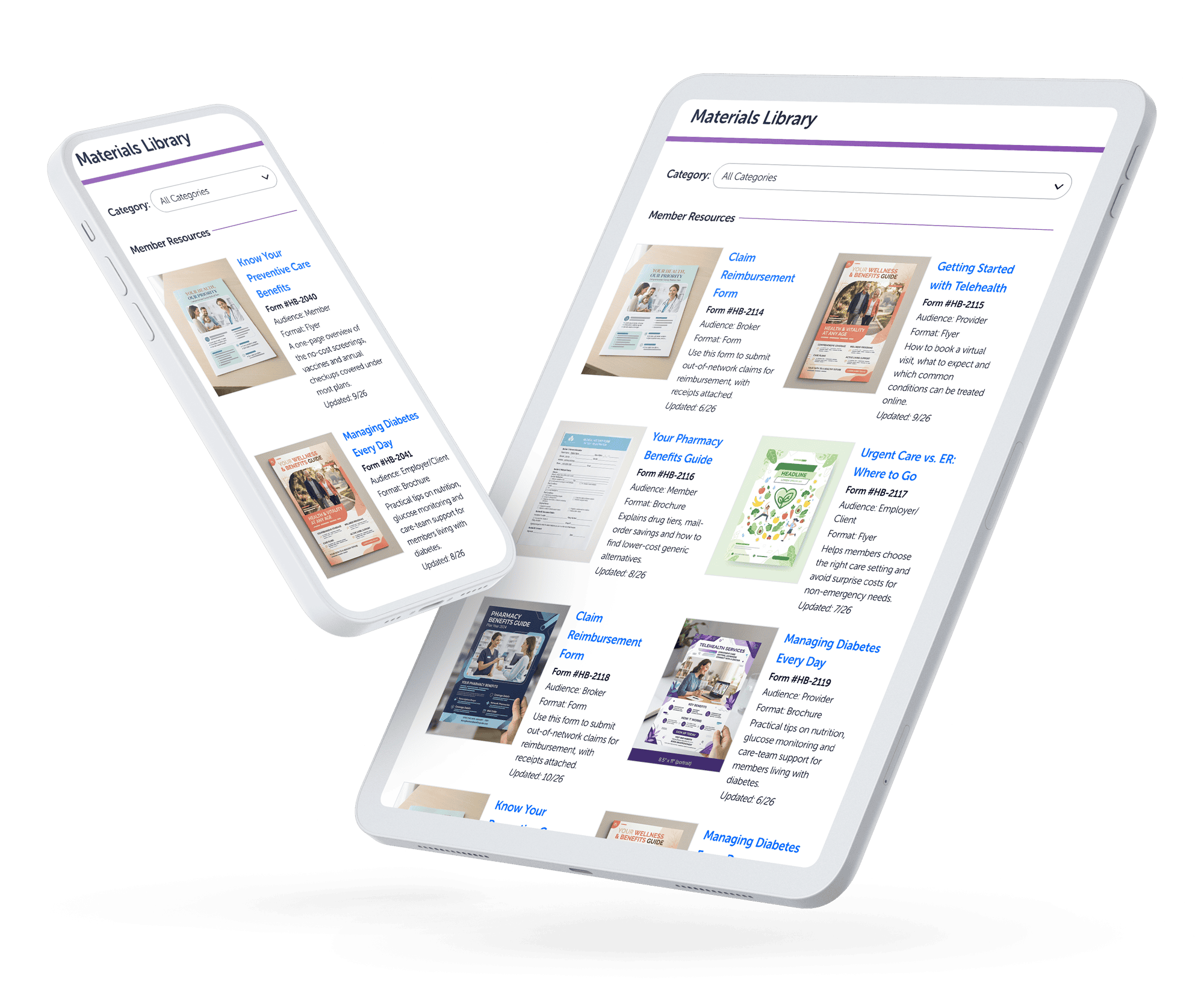 Luminare Health White Label Materials Library on a phone and tablet