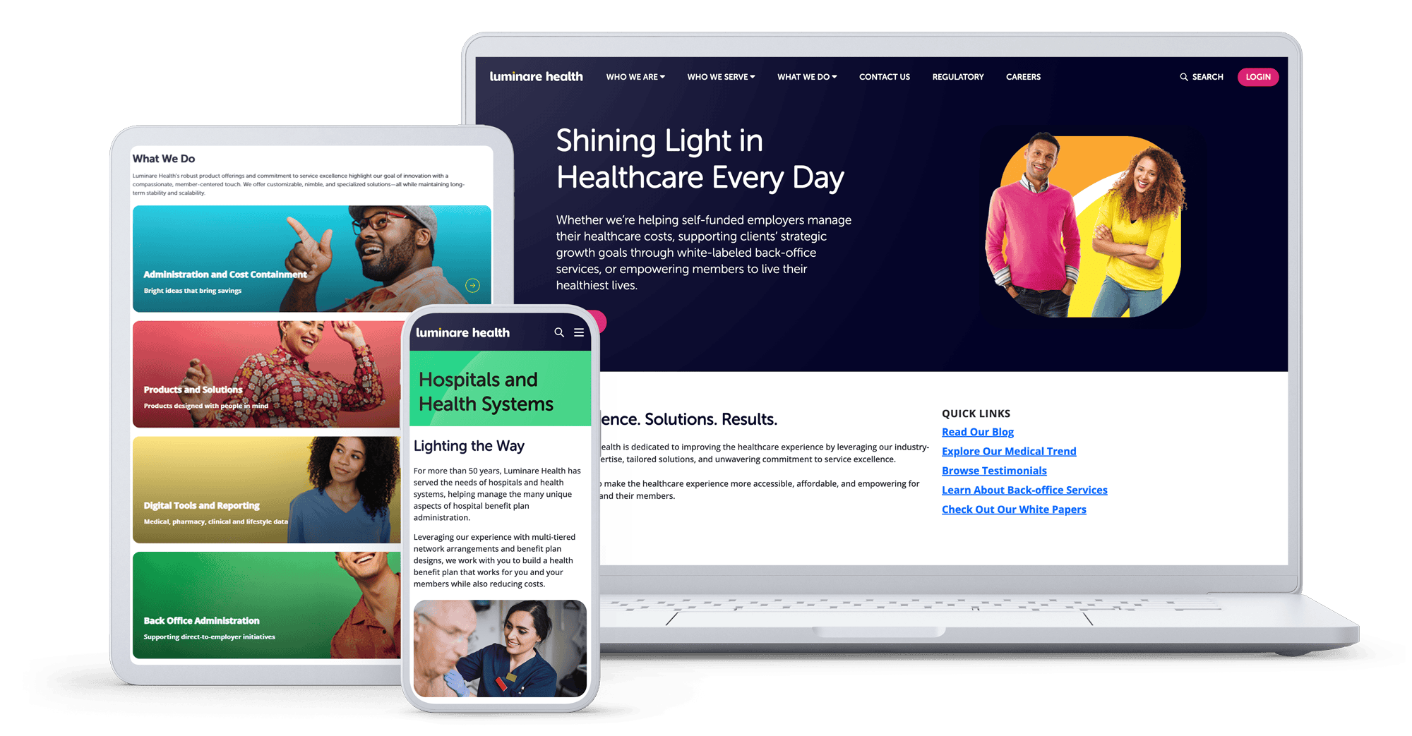Luminare Health website on various device sizes; phone, tablet, and laptop