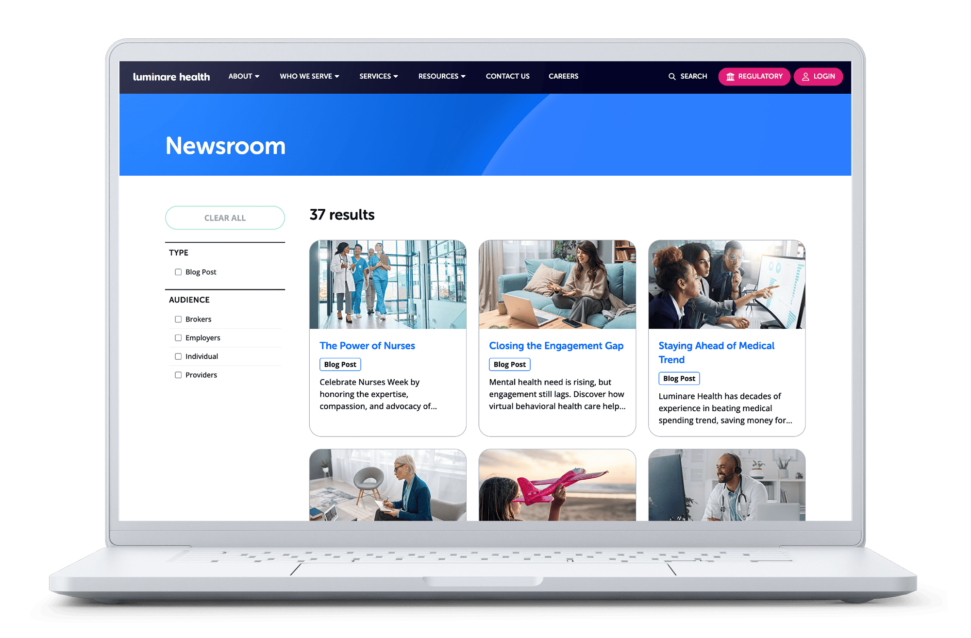Luminare Health Newsroom page on a laptop computer