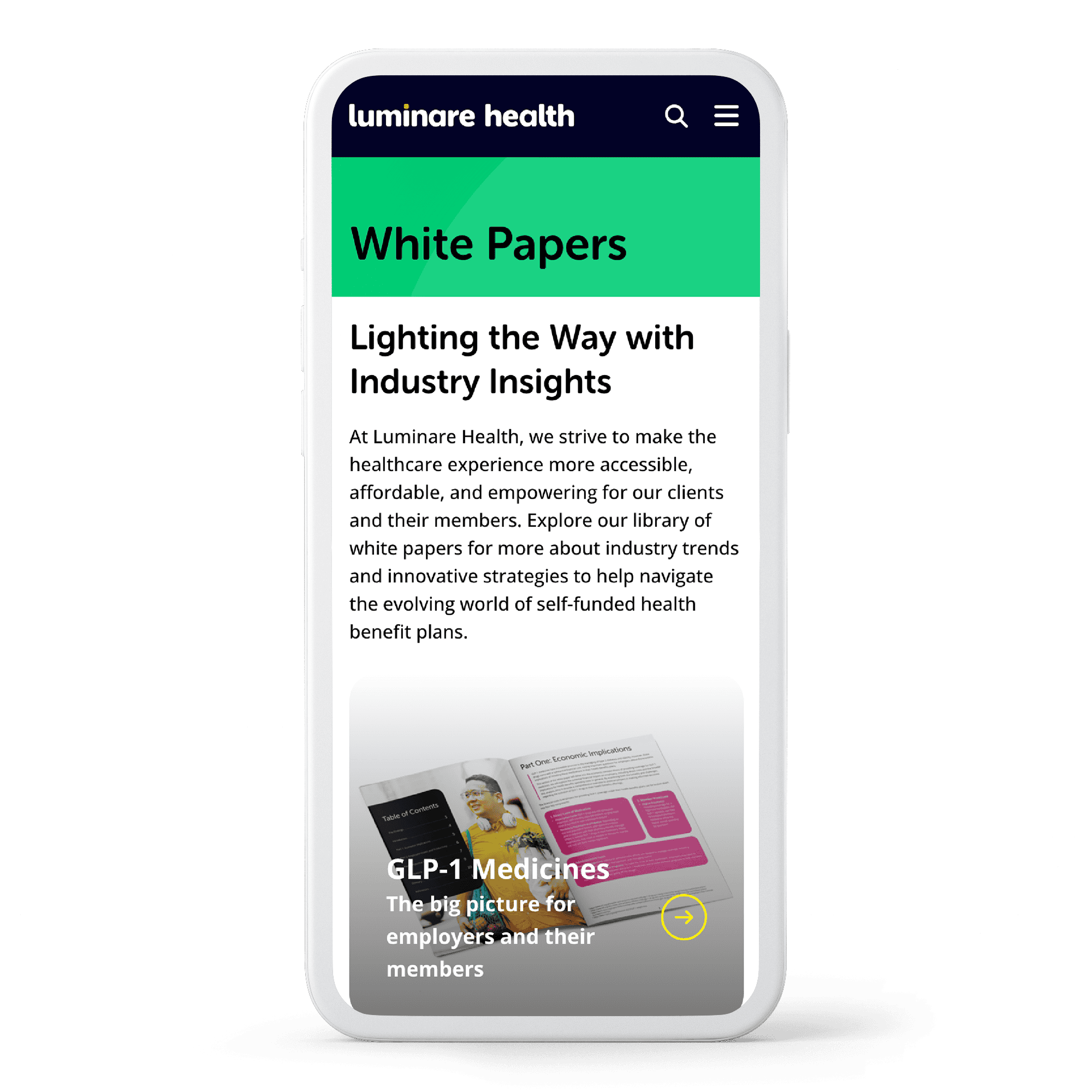 Luminare Health White Papers page on a mobile phone