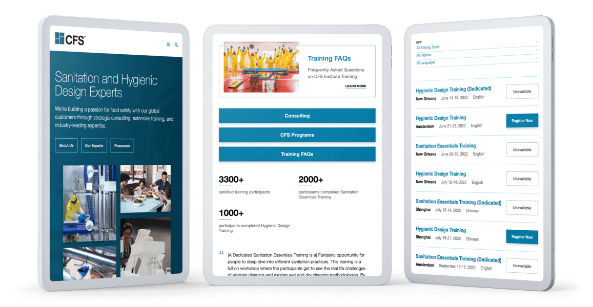 Commercial Food Sanitation website shown on three tablets