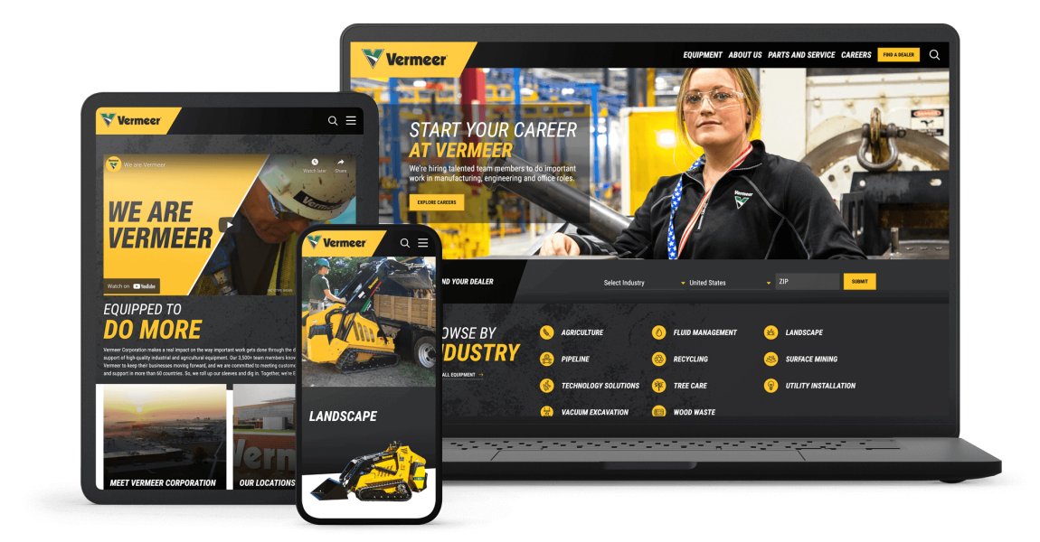 Vermeer website shown on desktop, tablet and mobile devices
